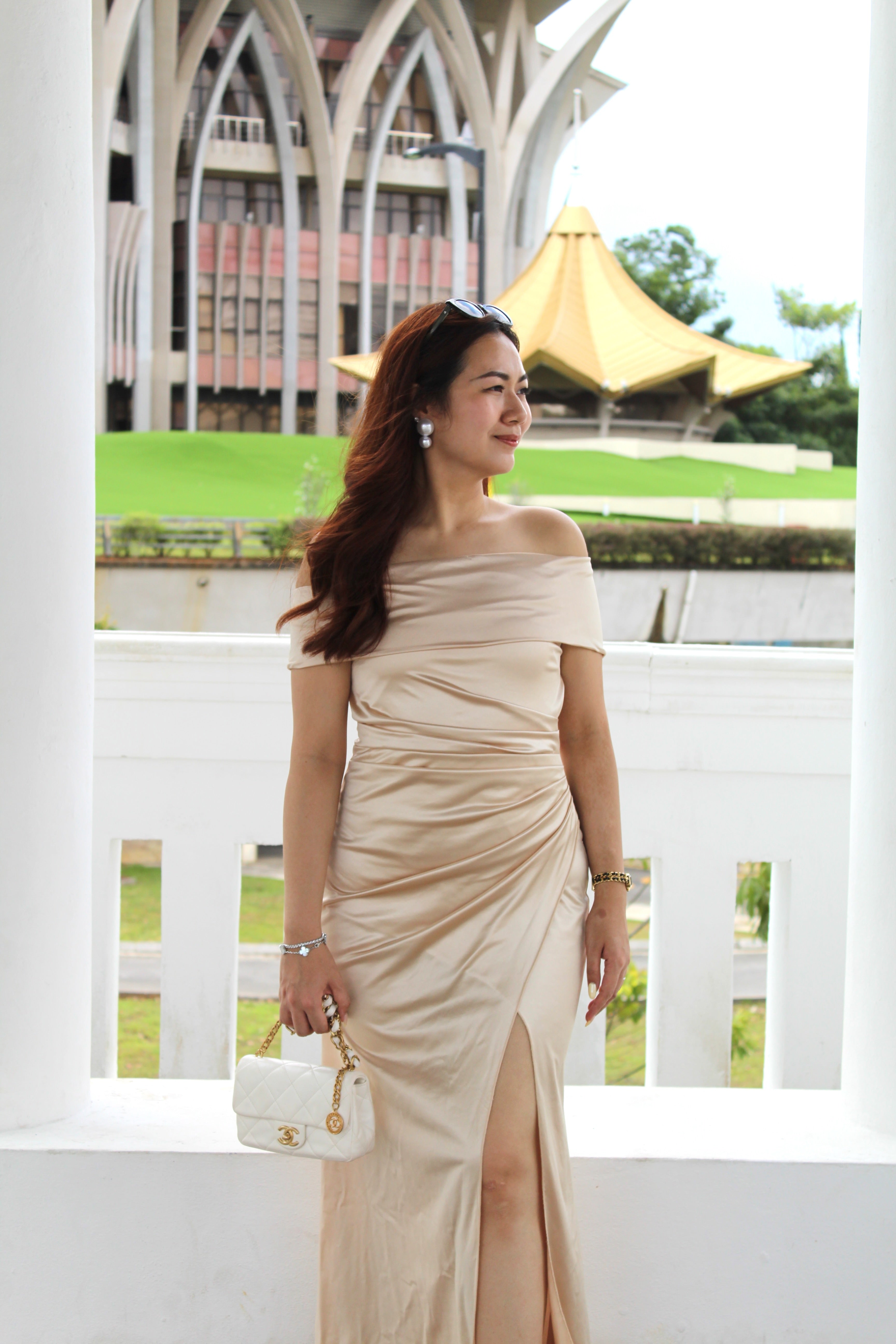 Heidi Off Shoulder Maxi Dress (Champagne)