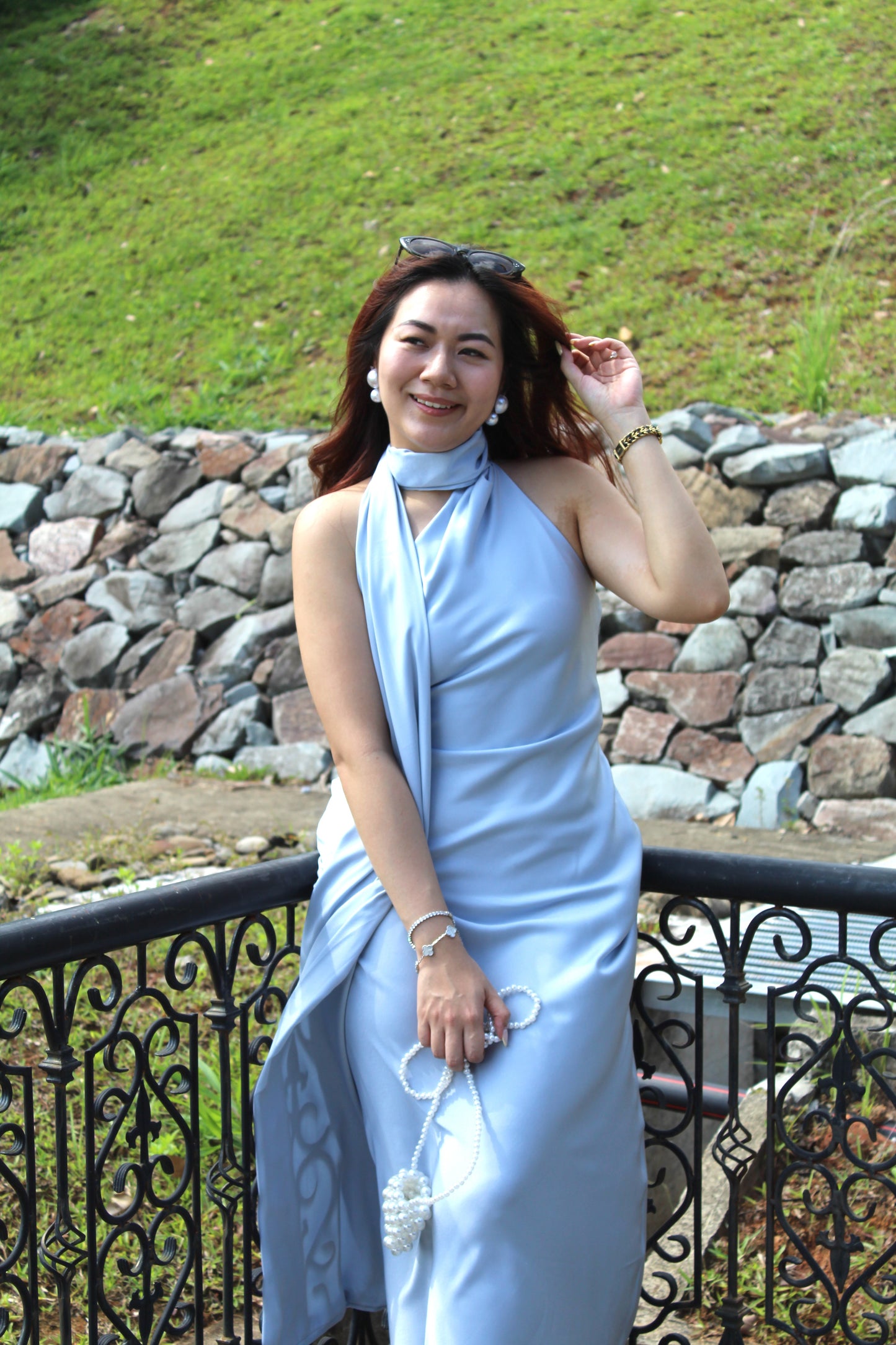 Lorelle Satin Bare Back Maxi Dress (Blue)