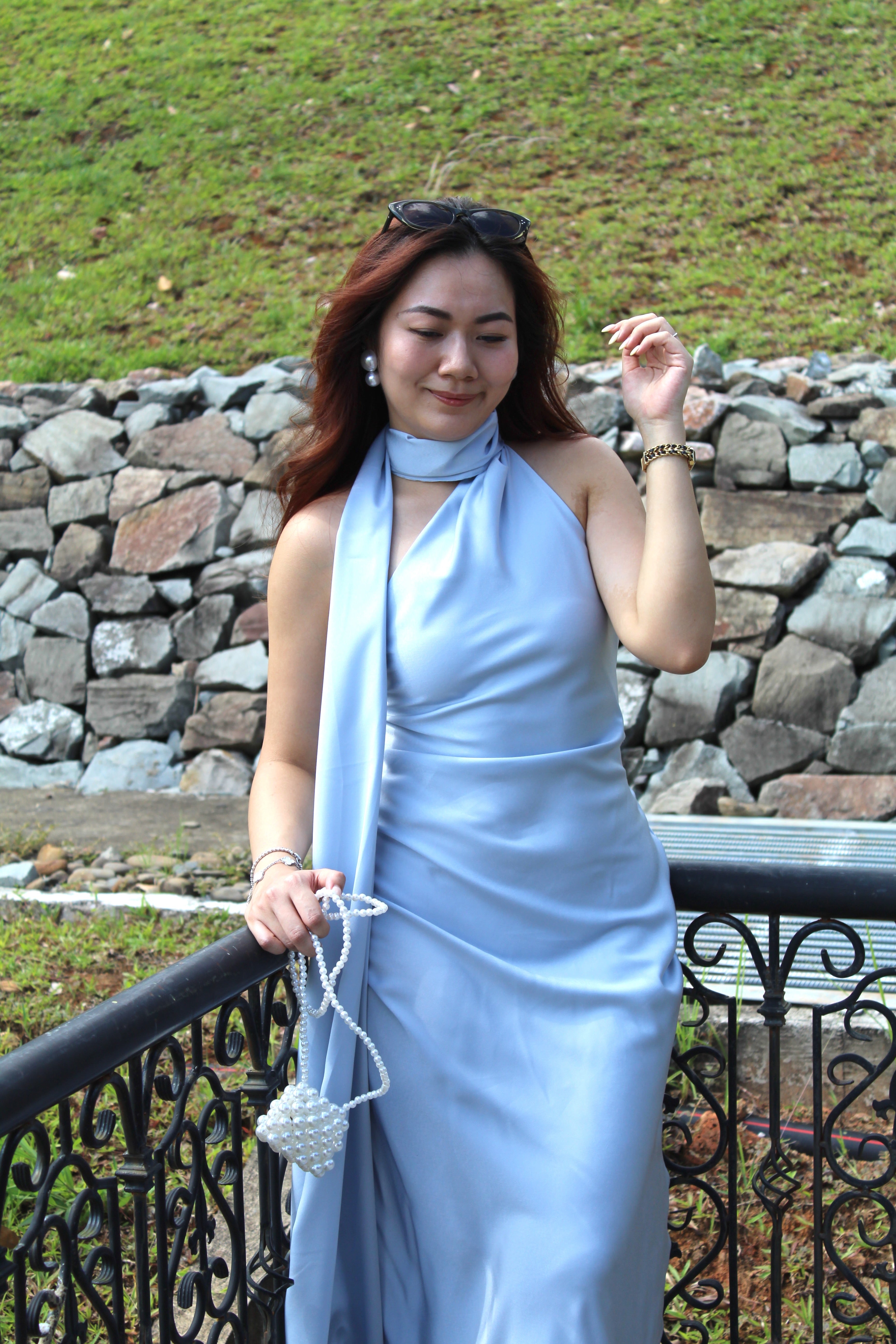 Lorelle Satin Bare Back Maxi Dress (Blue)