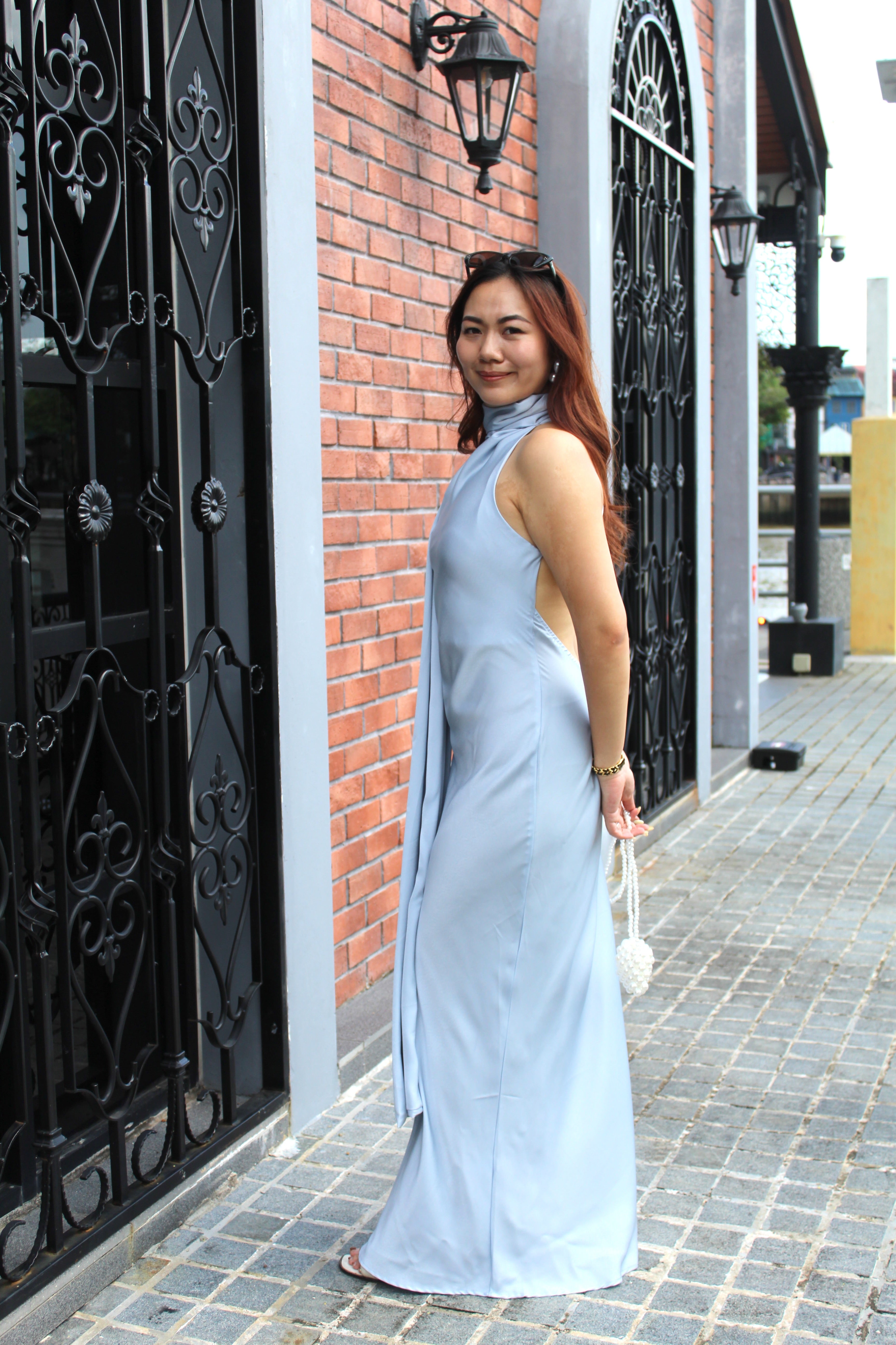 Lorelle Satin Bare Back Maxi Dress (Blue)