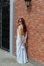 Lorelle Satin Bare Back Maxi Dress (Blue)