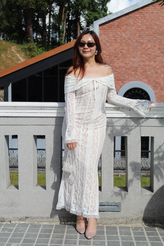 Bianca Lace Long Sleeve Maxi Dress (White)
