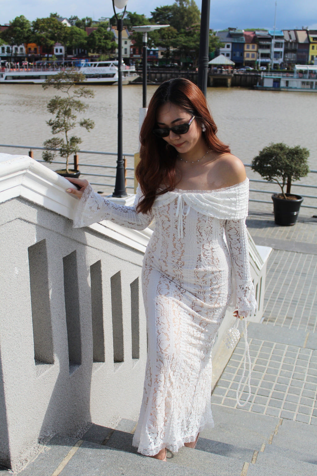 Bianca Lace Long Sleeve Maxi Dress (White)
