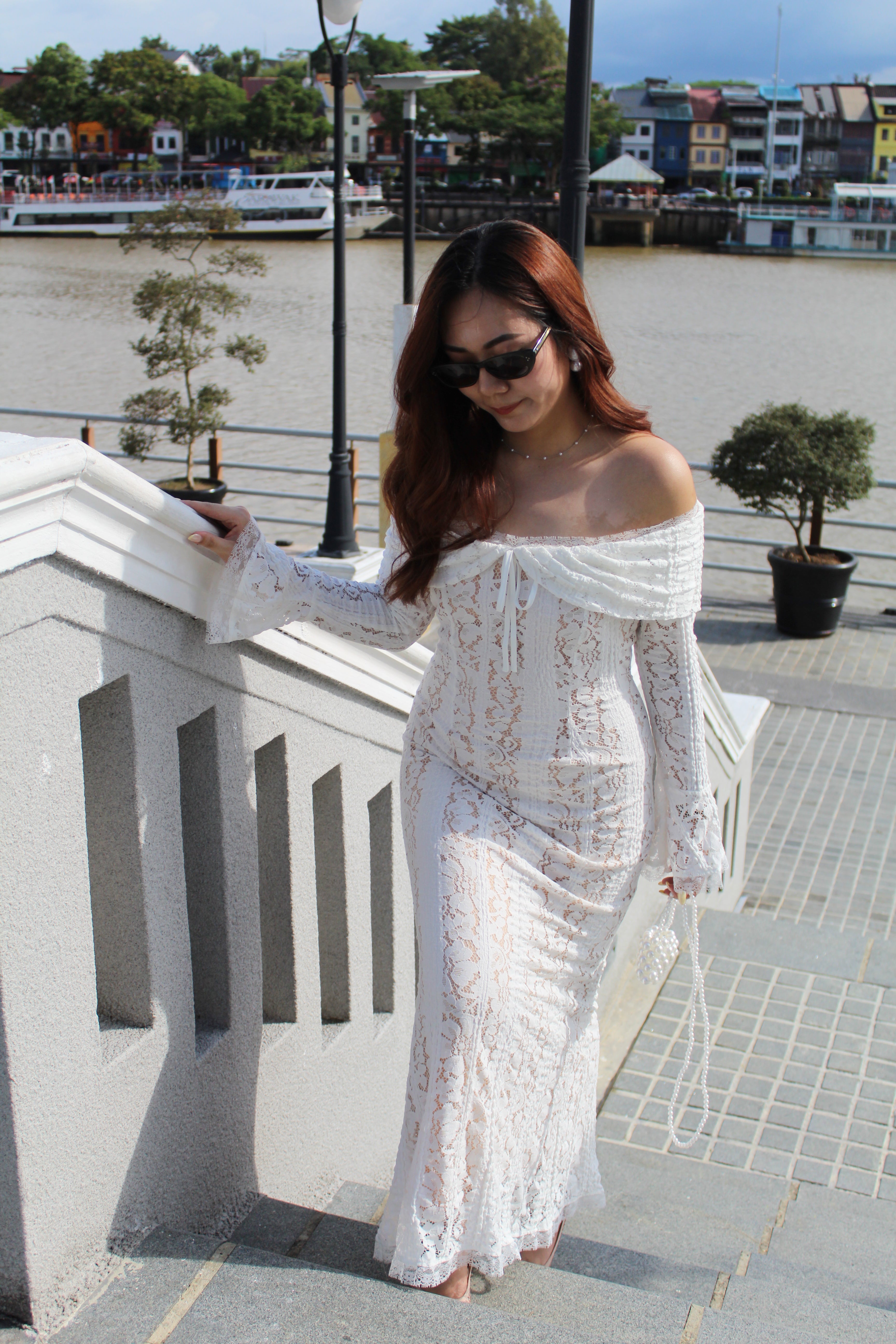 Bianca Lace Long Sleeve Maxi Dress (White)